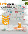 Portable Vacuum Storage Bag Pump Cordless Travel Electric Rechargeable Compression Vacuum Pump with 3X Quick Deflator shown with compressed floral bags