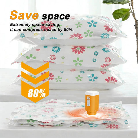Portable Vacuum Storage Bag Pump Cordless Travel Electric Rechargeable Compression Vacuum Pump with 3X Quick Deflator shown with compressed floral bags