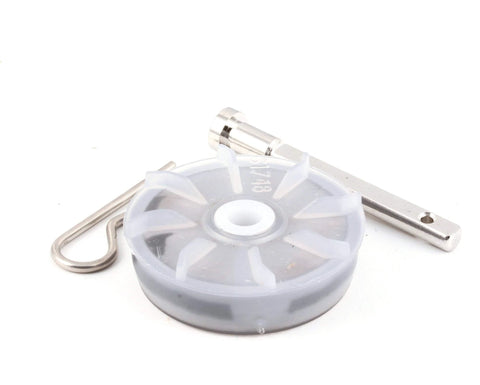 Cornelius Impeller W/Support Pin showing white plastic impeller and metal support pin for beverage dispensing systems.