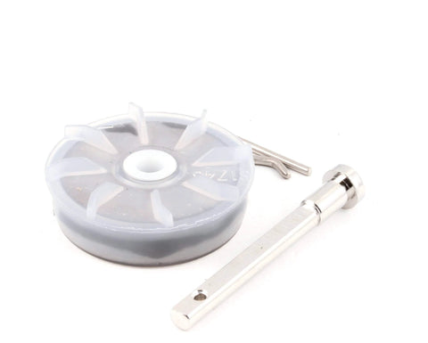 Cornelius Impeller W/Support Pin on white background, showing plastic impeller and metal pin, components for beverage dispenser system.