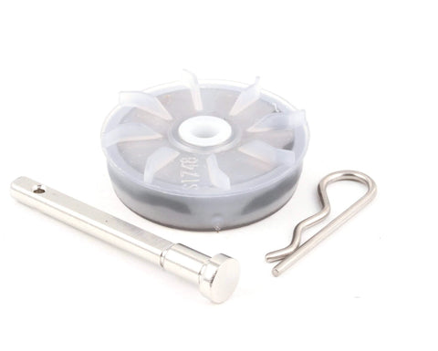 Cornelius Impeller W/Support Pin shown with circular plastic impeller and metal pin for beverage dispenser.