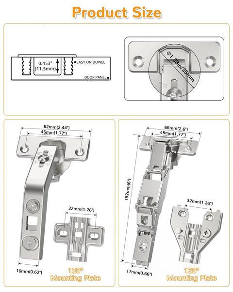 Two Pair 135 Degree and 165 Degree Corner Cabinet Hinges Kit with size dimensions and mounting plates for face frame cabinets