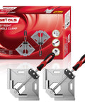 Two Pack 90 Degree Right Angle Corner Clamp For Woodworking With Adjustable Aluminum Alloy Swing Jaw, Durable Aluminum Die Cast Construction, Perfect For Woodworking, Photo Framing, And Diy Projects, Includes 70mm Clamping Range And 95mm Jaw Width WETOLS, packaging and tools shown.