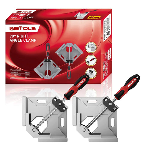Two Pack 90 Degree Right Angle Corner Clamp For Woodworking With Adjustable Aluminum Alloy Swing Jaw, Durable Aluminum Die Cast Construction, Perfect For Woodworking, Photo Framing, And Diy Projects, Includes 70mm Clamping Range And 95mm Jaw Width WETOLS, packaging and tools shown.
