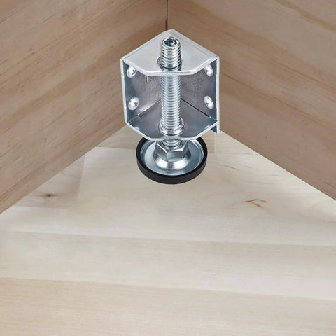 Heavy Duty Adjustable Leveling Feet With Corner Protector Edge Guard installed on wood corner for stability.