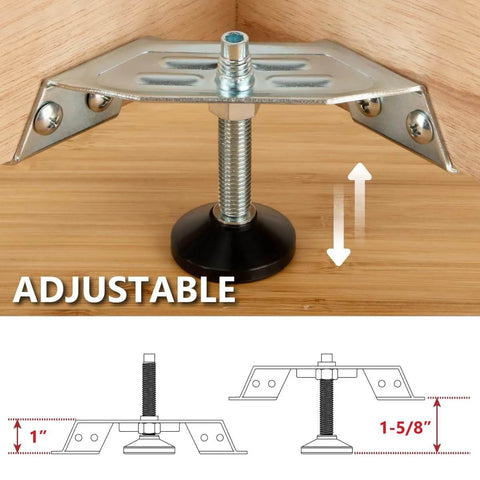 Heavy Duty Corner Leveling Feet 4 Pack For Cabinets And Furniture, Adjustable Nylon Foot Levelers With M10 Bolts shown installed