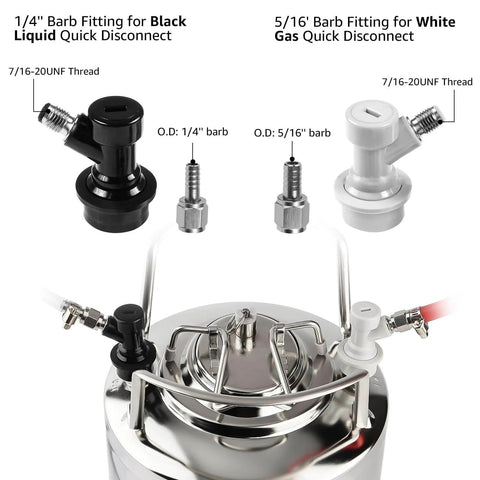 Corny Keg Ball Lock Quick Disconnect Set For Homebrewing Stainless Five Sixteenths Gas Barb Nut And Quarter Inch Beer Barb Nut