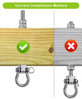 Correct and incorrect installation of heavy duty swing hangers with bearings on wooden and metal beams, showing proper attachment method.