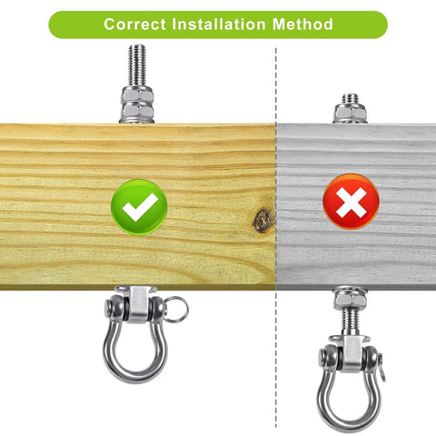 Correct and incorrect installation of heavy duty swing hangers with bearings on wooden and metal beams, showing proper attachment method.