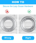 Diagram showing right and wrong way to secure 6 Pack 12 Inch Heavy Duty Lazy Susan Turntable Bearings, galvanized steel swivel plates on wood surface