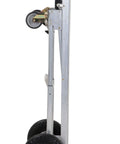 Side view of ✝️ COSCO 4-in-1 Folding Series Hand Truck with Flat-Free Wheels, silver frame, black wheels, and handle.
