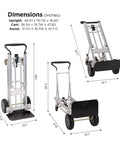 COSCO 4-in-1 Folding Series Hand Truck with Flat-Free Wheels in various positions showing dimensions and size details.