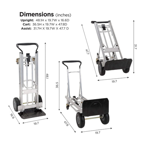 COSCO 4-in-1 Folding Series Hand Truck with Flat-Free Wheels in various positions showing dimensions and size details.
