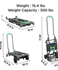 COSCO Shifter Multi-Position Folding Hand Truck and Cart, 300 lb. Weight Capacity, Green, 12222PBG1E dimensions and folding positions