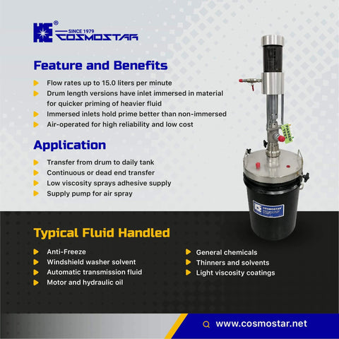 COSMOSTAR P0204 2:1 Air Operated Pneumatic Oil/Chemical Transfer Pump (Stainless Steel Type, 5 Gallon Drum) displayed with features list