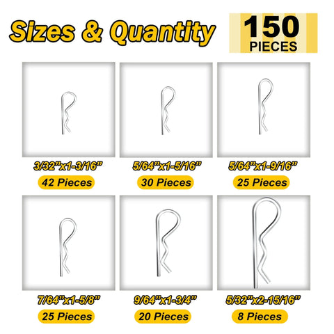 150 Pcs Cotter Pin Assortment Kit With R Shape Hitch Pin Clips, showing six sizes and quantities in zinc plated alloy steel.