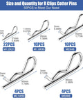 Fifty Pcs Cotter Pin Assortment Kit With Heavy Duty R Clips For Trailers Lawn Mowers Trucks Mechanics And DIY Projects Zinc Plated Steel Rust Resistant UV Safe Spring Fasteners And Hitch Pin Hardware labeled with sizes and quantities.