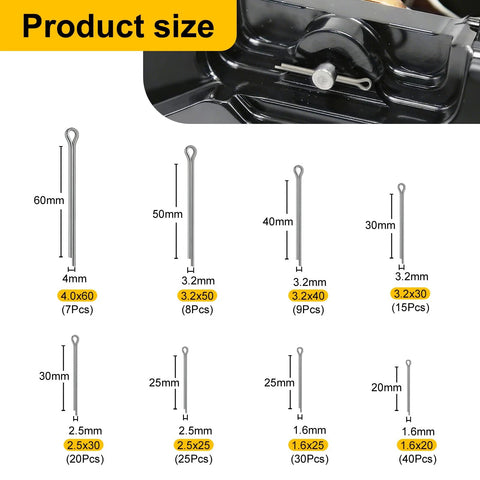 All Purpose Cotter Pin Kit With 283 Pcs In 304 Stainless Steel showing 8 straight pin sizes for automotive and DIY repairs.