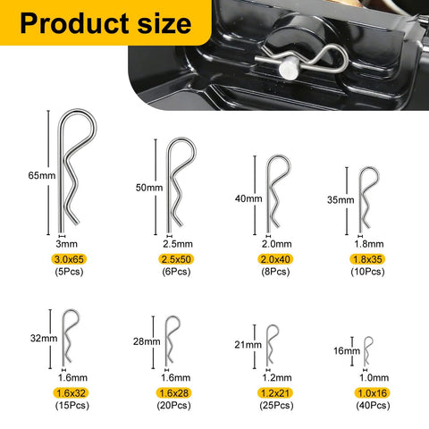 Product size chart for All Purpose Cotter Pin Kit With 283 Pcs In 304 Stainless Steel 16 Sizes Of Straight Pins And 129 R Clips