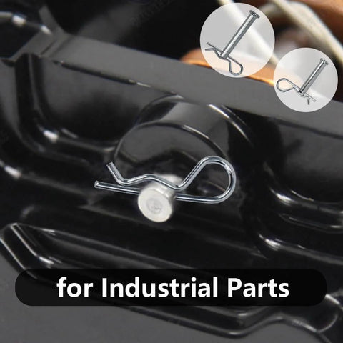 48 Piece Cotter Pin Set Kit With Five Sizes R Clips Retaining Pins For Automotive Machinery Hand Trucks Hitches And Other Fasteners Pro Grade Heavy Duty Spring Clips For Tractor Trailer Equipment shown securing a black part