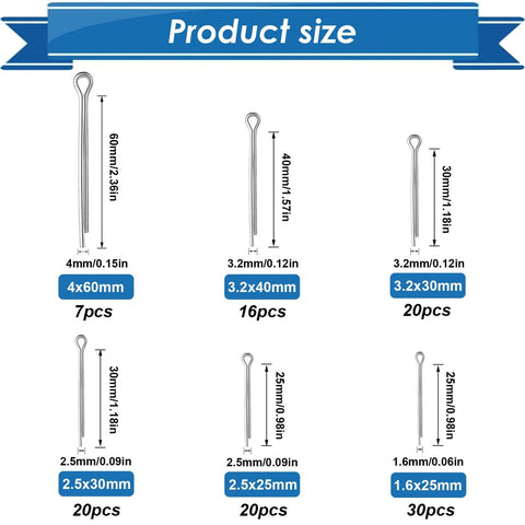 Product size chart for 304 Stainless Steel Cotter Pin Assortment Kit 13 Sizes Cotter Pins And R Clips For Hitch Pin Lock Systems
