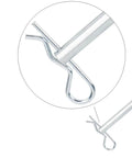 Close-up view of a heavy-duty spring clip from 48 Piece Cotter Pin Set Kit With Five Sizes R Clips Retaining Pins For Automotive Machinery Hand Trucks Hitches And Other Fasteners Pro Grade Heavy Duty Spring Clips For Tractor Trailer Equipment.