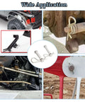 10pcs Cotter Pins, R Clips Hardware Pins, Spring Fasteners for trailers, machinery, and trucks shown in various applications