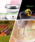 Collage featuring a cotton candy machine, yellow blower, orange lawn mower, and white blender in action.