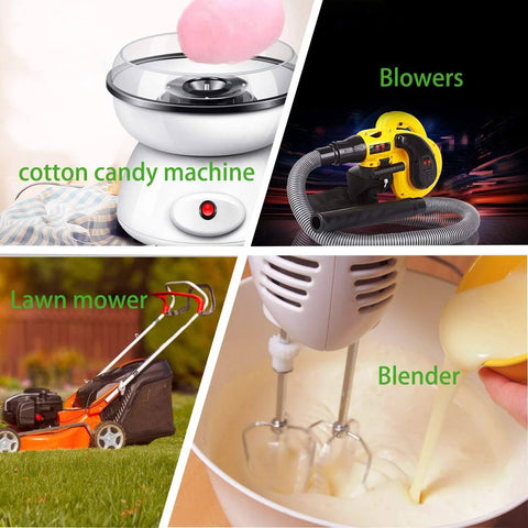 Collage featuring a cotton candy machine, yellow blower, orange lawn mower, and white blender in action.