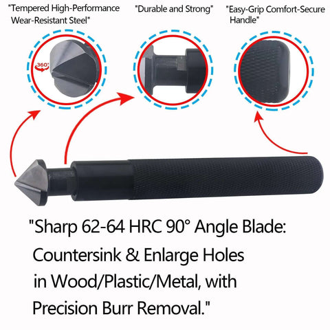 Premium Countersink Deburring Hand Reamer Set With HRC64 Hardened HSS Steel Heads showing ergonomic handle and steel head
