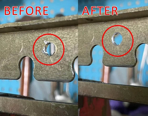 Before and after image of hole shaped with Five Flute Metal Countersink Drill Bit With Eighty Seven Degree Head For One Quarter Inch Hex Shank.