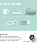 Contents of Compact countertop dishwasher box: water container, filling channel, bowl basket, connectors, and hoses.