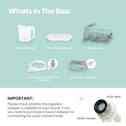 Contents of Compact countertop dishwasher box: water container, filling channel, bowl basket, connectors, and hoses.