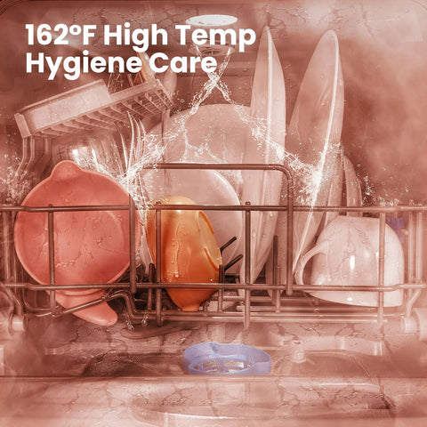 Compact countertop dishwasher with a built-in 5L water tank for apartments and RVs, no faucet hookup needed, showing 162°F high-temp wash.