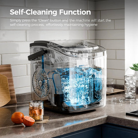 Effortlessly chill drinks with a compact countertop ice maker that delivers up to 26 lb of bullet ice daily, self cleaning function
