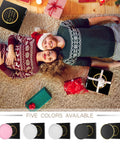 Couple lying on carpet with Christmas gifts and cosmetics box, five colors available shown underneath.