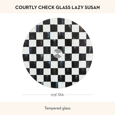 Mackenzie-Childs Glass Lazy Susan 360 Degree Rotating Serving Board In Black And White Courtly Check on white background.