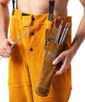 Person holding welding rod with Split Cowhide Leather Welding Rod Bag With Flame Resistant Electrode Pouch, 3.5 x 14 inch, black AllyProtect.