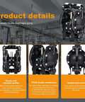 Three views of Cozyel Air-Operated Diaphragm Pump Double Diaphragm Pump 1 inch Inlet & Outlet, Dual Diaphragm Air Pump Aluminum 35 GPM Max 120PSI QBY4-25L in industrial setting.