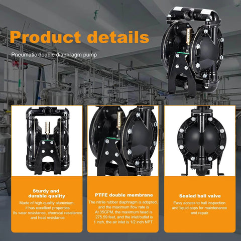 Three views of Cozyel Air-Operated Diaphragm Pump Double Diaphragm Pump 1 inch Inlet & Outlet, Dual Diaphragm Air Pump Aluminum 35 GPM Max 120PSI QBY4-25L in industrial setting.
