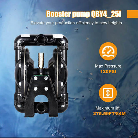 Front view of Cozyel Air-Operated Diaphragm Pump Double Diaphragm Pump 1 inch Inlet & Outlet, Dual Diaphragm Air Pump Aluminum 35 GPM Max 120PSI, QBY4-25L.