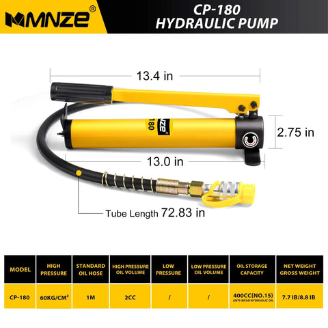 10 Ton Hydraulic Cylinder Jack Kit With 2 Inch Stroke And CP 180 Hand Pump displaying tube length and dimensions