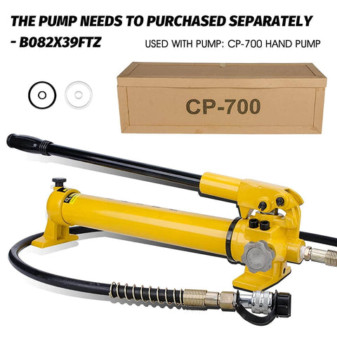 CP-700 Manual Hydraulic Hand Pump with hose and fittings, packaging in background. For 30 ton Low Profile Hydraulic Jack Porta Power Kit.