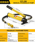 Heavy Duty Hydraulic Hand Pump CP 180 Manual Lift Pump with hose and measurements shown