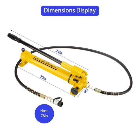 SLIYXTWIO CP-700 Hydraulic Hand Power Pump with dimensions, steel body, 10,000psi max pressure, hose length 78in shown