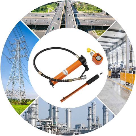 CP-700 Hydraulic Manual Pump and components surrounded by industrial and construction scenes.