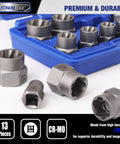 Impact Bolt And Nut Remover Set, 13 pieces with CR-MO extractors, shown with storage case for rusted bolts and nuts.
