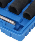 Close-up of Cr Mo Steel Screw And Fastener Extractor Set With 17mm 19mm 21mm 22mm Metric Sizes in blue storage box