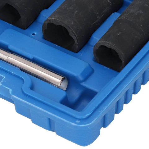Close-up of Cr Mo Steel Screw And Fastener Extractor Set With 17mm 19mm 21mm 22mm Metric Sizes in blue storage box