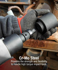 Gloved hands holding Cr-Mo steel impact socket for high torque tools, showcasing strength and flexibility.